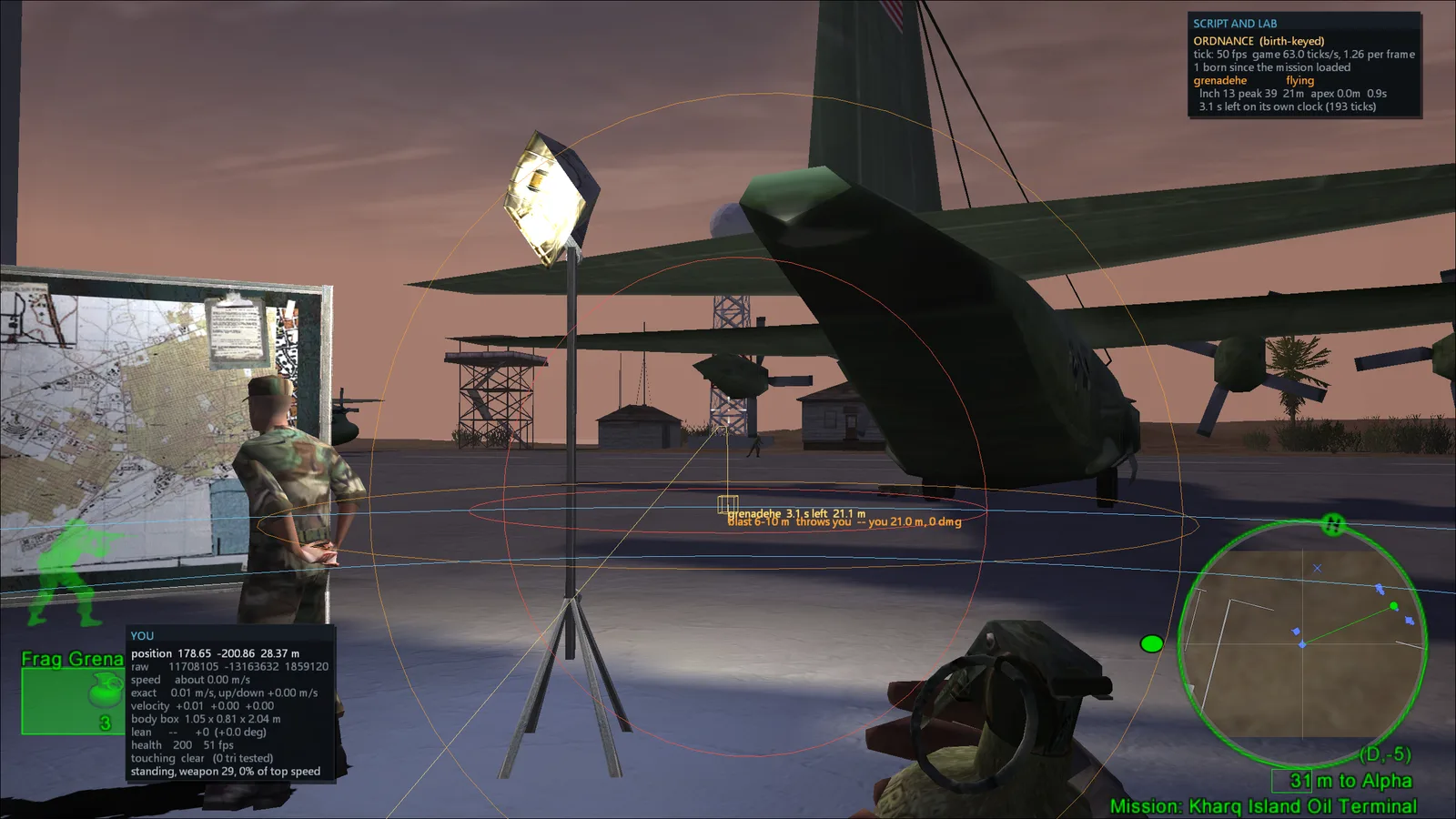 A thrown grenade in mid-flight with its trajectory traced and two blast rings drawn around it, labeled with the blast radius and the damage it would do to the player at their current distance