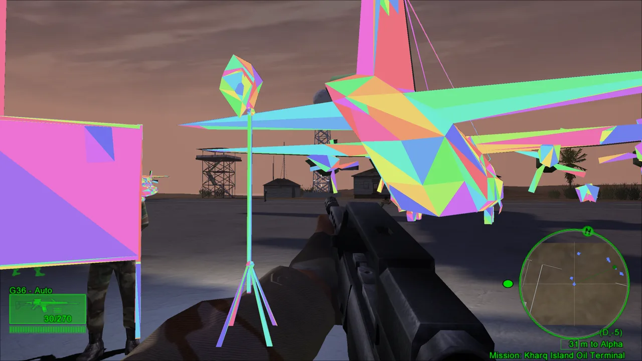 A parked aeroplane in Black Hawk Down overlaid with brightly colored convex collision hulls that only loosely follow the shape of the aircraft
