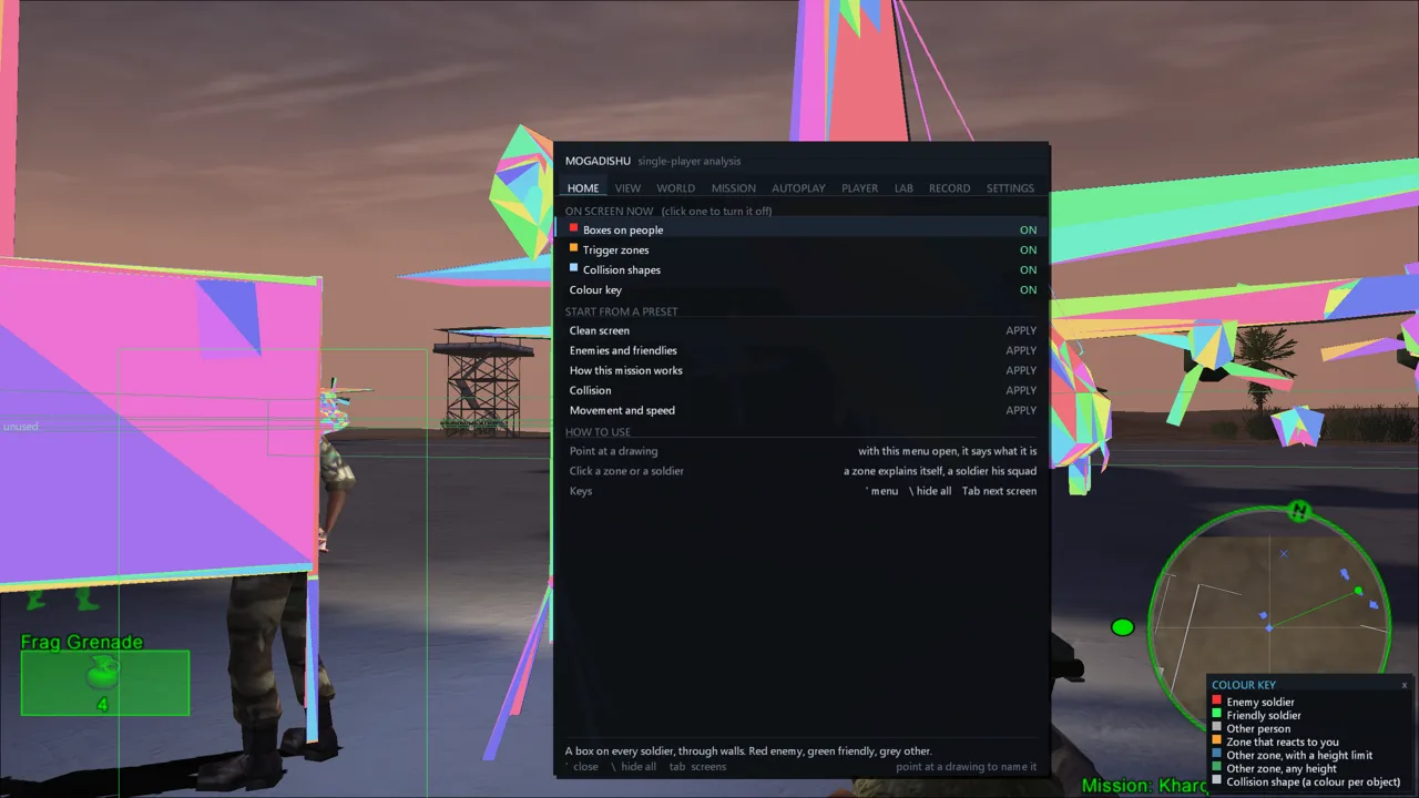 The tool’s in-game menu, subtitled "single-player analysis", listing every active drawing with its color alongside one-click presets