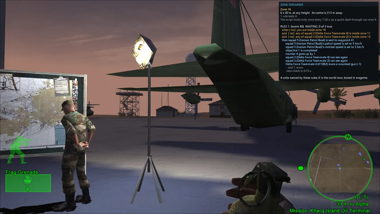 An in-game panel titled Zone Explainer describing a mission trigger zone in plain English, listing each of the rule's conditions with a live yes or no and the consequences of it firing