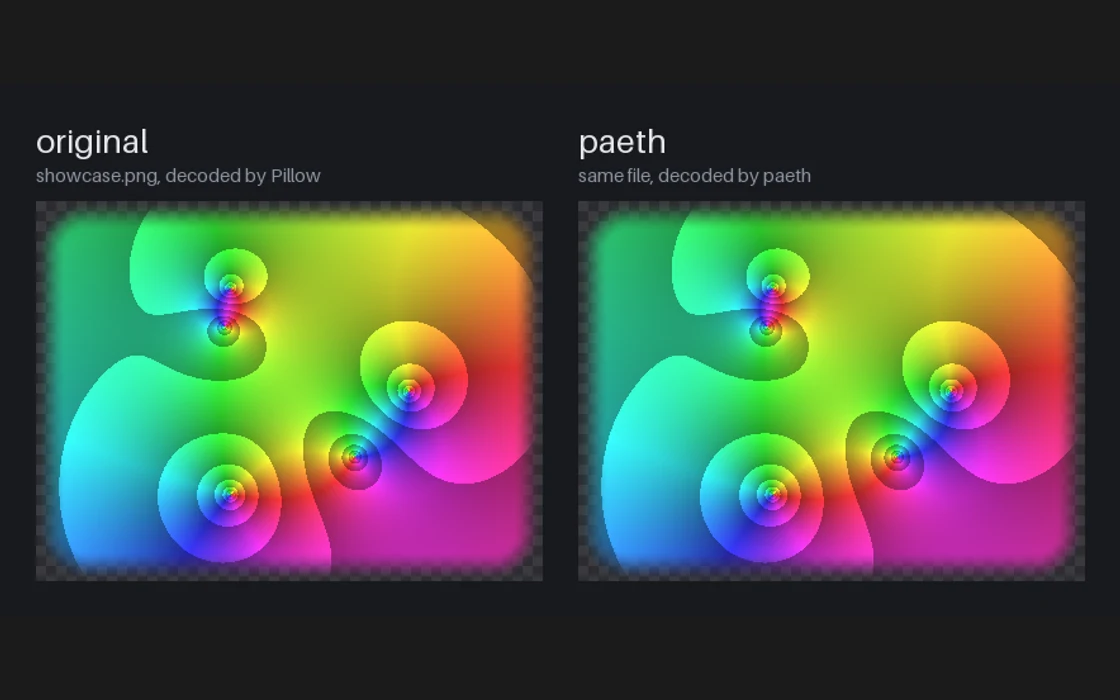 The same PNG side by side: decoded by Pillow on the left, decoded by paeth on the right, pixel-identical